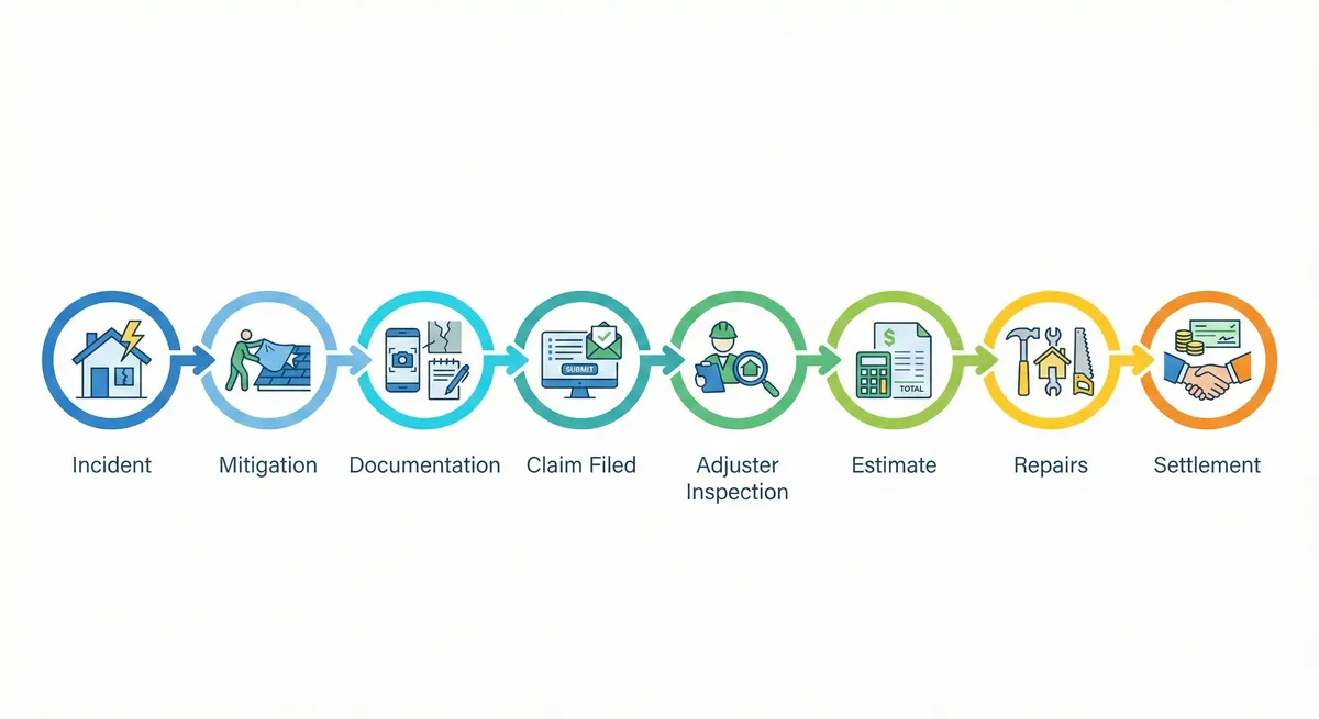 Timeline infographic showing the home insurance claim process from incident to settlement