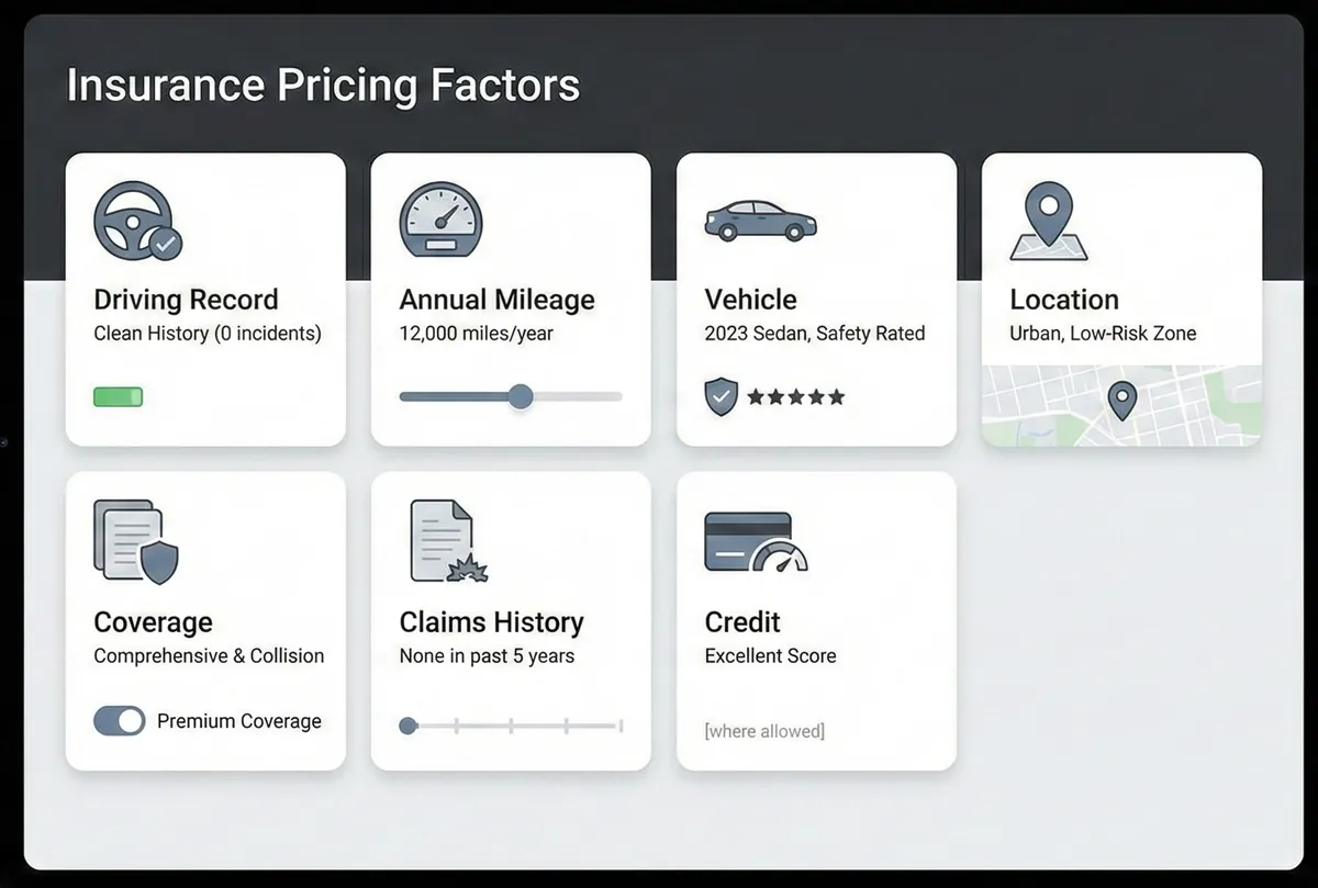 Dashboard visual showing the key factors that influence car insurance premiums