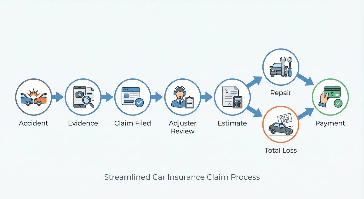 A clean timeline diagram of the car insurance claim process from accident to payout