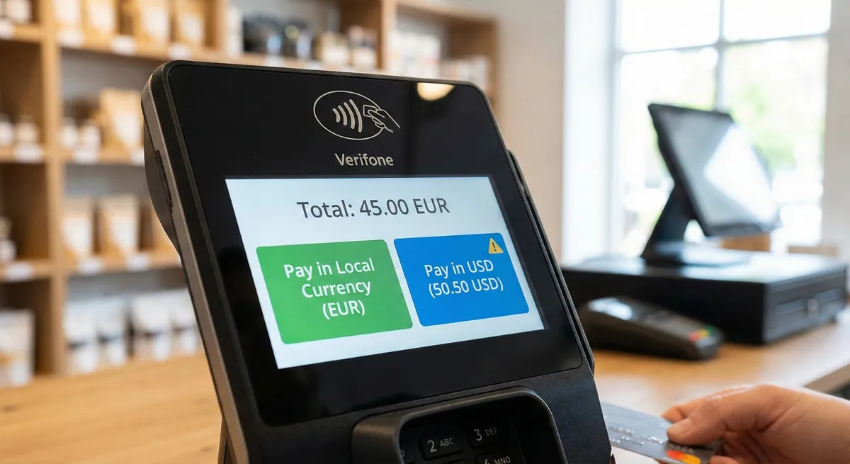 Currency choice at checkout concept