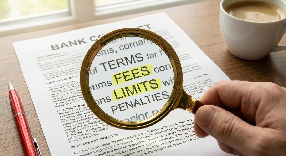 Magnifying glass over banking fine print