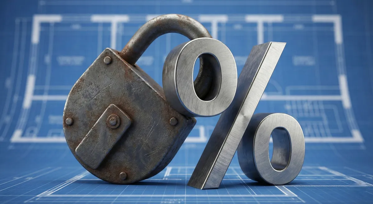 Padlock securing a percent sign, symbolizing a fixed interest rate