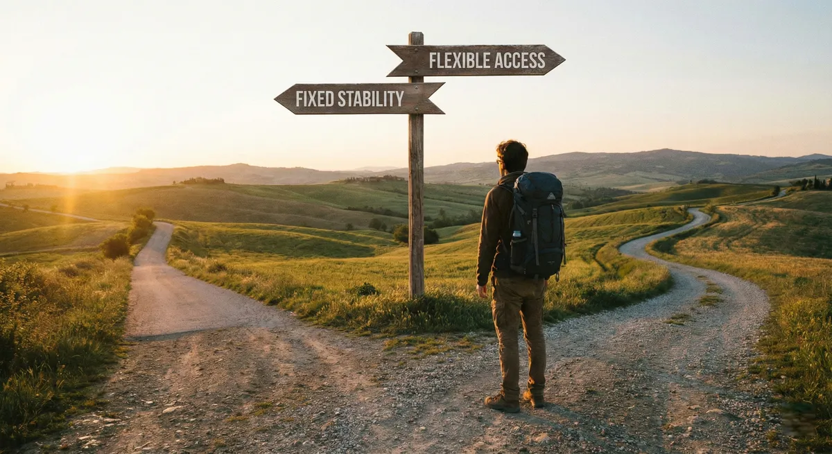 Fork in the road showing fixed stability vs flexible access