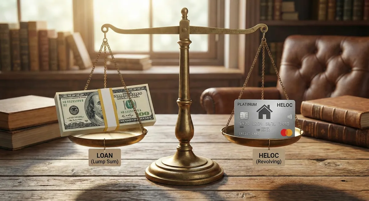 Scale balancing cash and a credit card, comparing loan vs HELOC