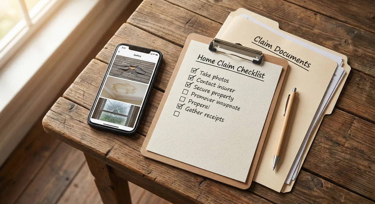 Home insurance claim documentation setup with photos, checklist, and paperwork