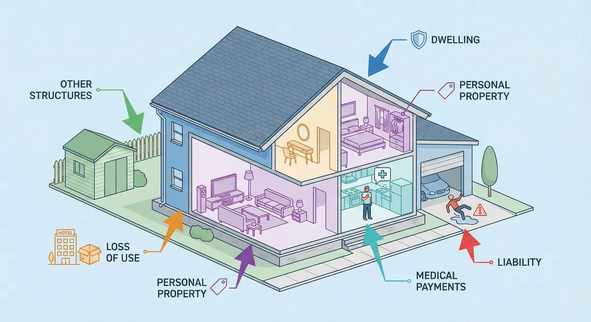 Homeowners insurance coverage map showing the main coverage parts