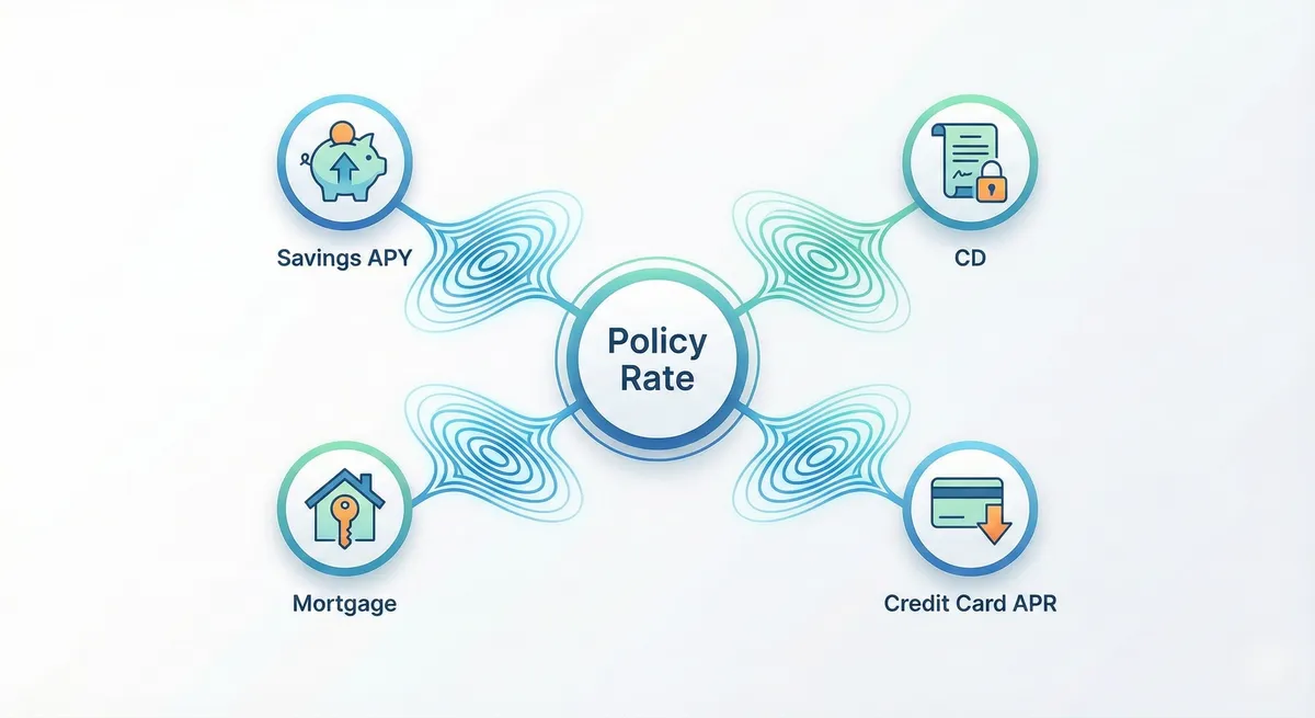 A conceptual ripple effect from policy rates to savings, CDs, mortgages, and credit cards