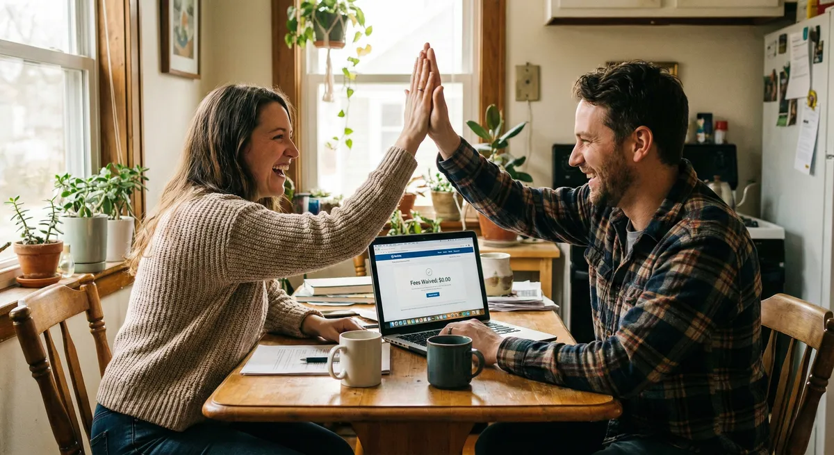 Relieved couple avoiding fees