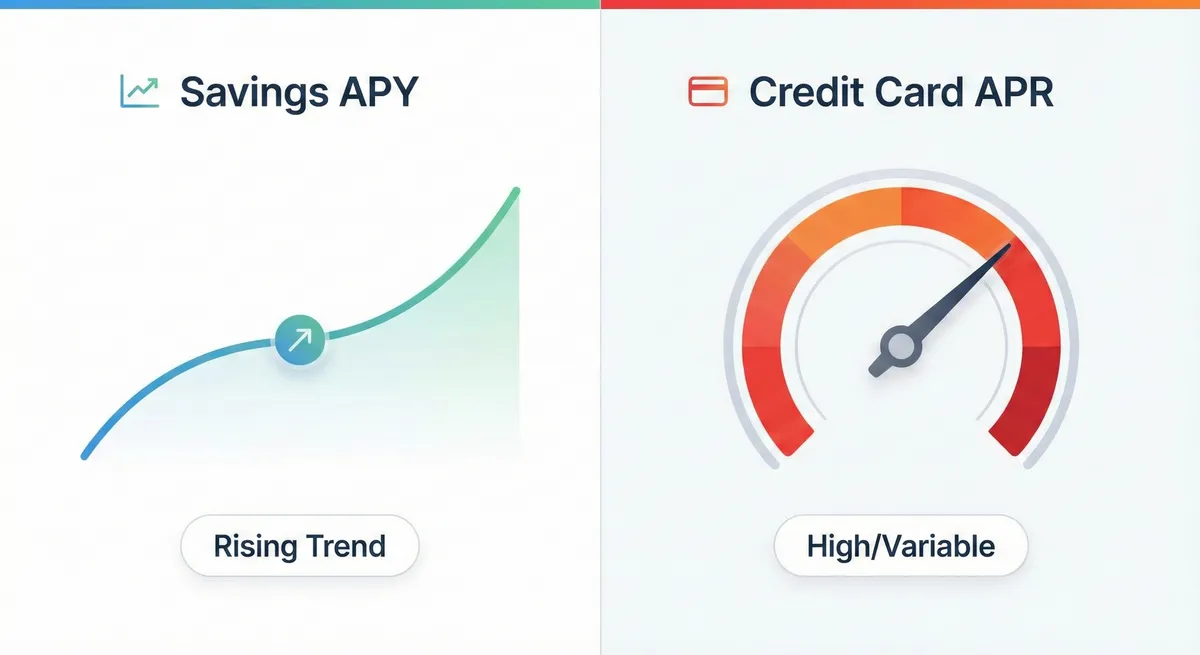 An infographic contrasting savings APY movement versus credit card APR levels