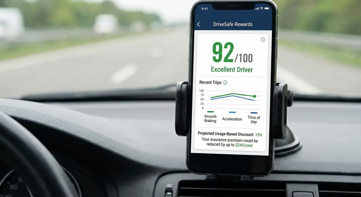 A telematics driving score on a smartphone representing usage-based insurance discounts