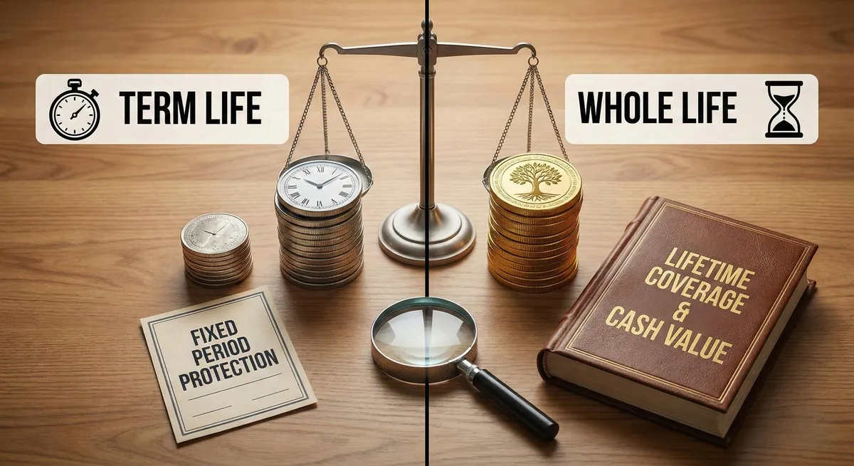 Comparison concept for term life vs whole life insurance